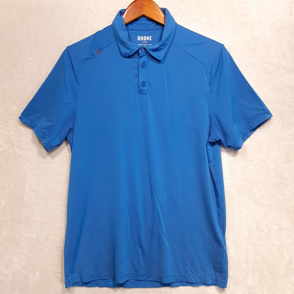 Rhone Mens Commuter Polo Shirt Medium Blue Micro Polka Dot Print Performance